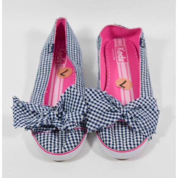 Keds Blue White Gingham Check Bow Slip On Tennis Shoes Sz 7 - Picture 2 of 5